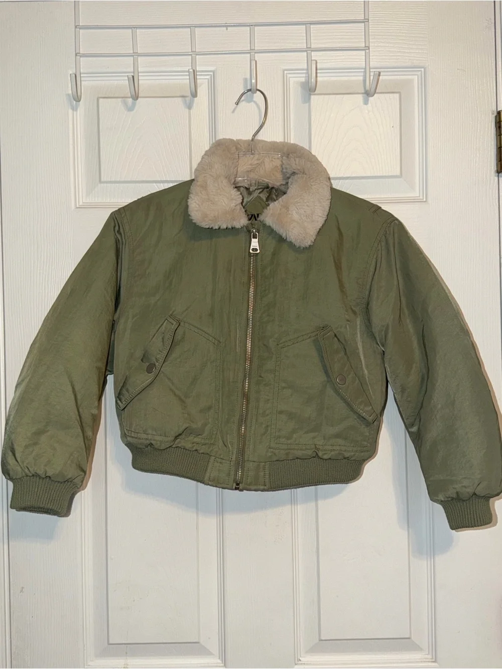 Zara Kids Olive Green Puffer Jacket with Faux Fur Collar
